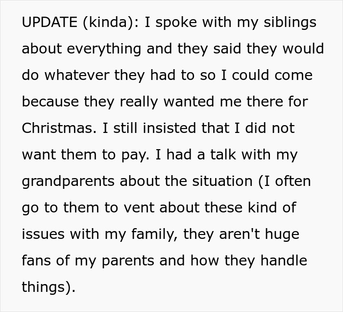 Woman Refuses To Go On Christmas “Gift Trip” If Her Siblings Have To Pay For Her Flight