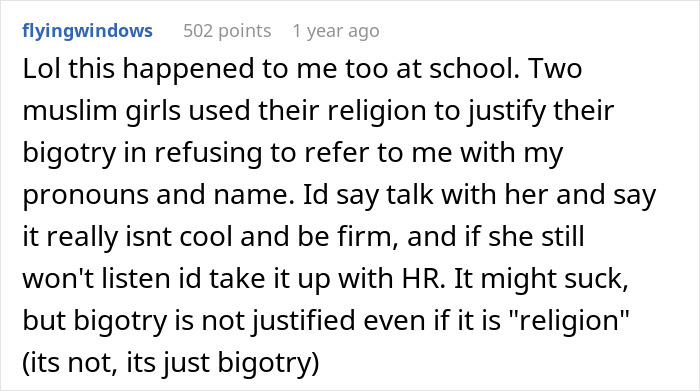 Woman Attempts To Hide Her Misgendering Colleague Behind The Religion, But To No Avail