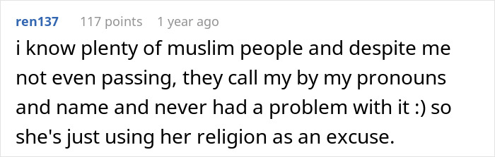 Woman Attempts To Hide Her Misgendering Colleague Behind The Religion, But To No Avail