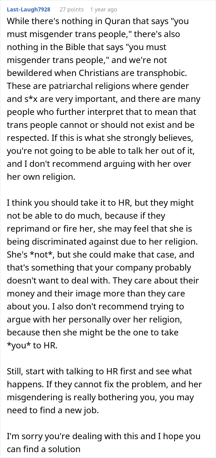 Woman Attempts To Hide Her Misgendering Colleague Behind The Religion, But To No Avail