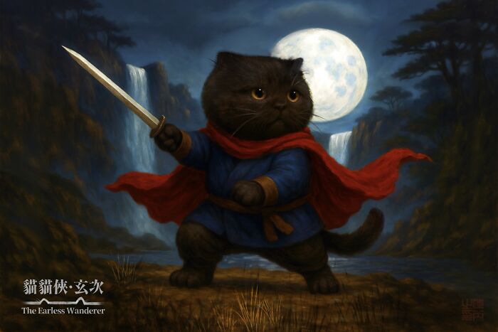 I Illustrated My Tiny-Eared Black Cat As An Adorable Ancient Hero, The Earless Wanderer (12 Pics)