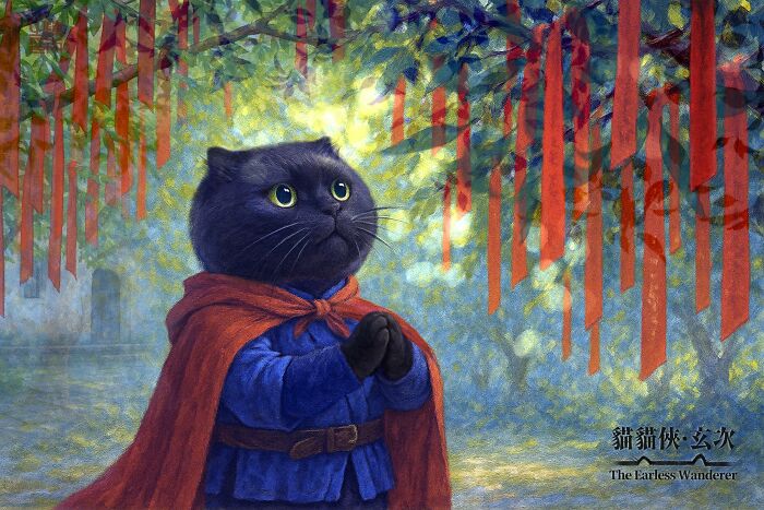 I Illustrated My Tiny-Eared Black Cat As An Adorable Ancient Hero, The Earless Wanderer (12 Pics)
