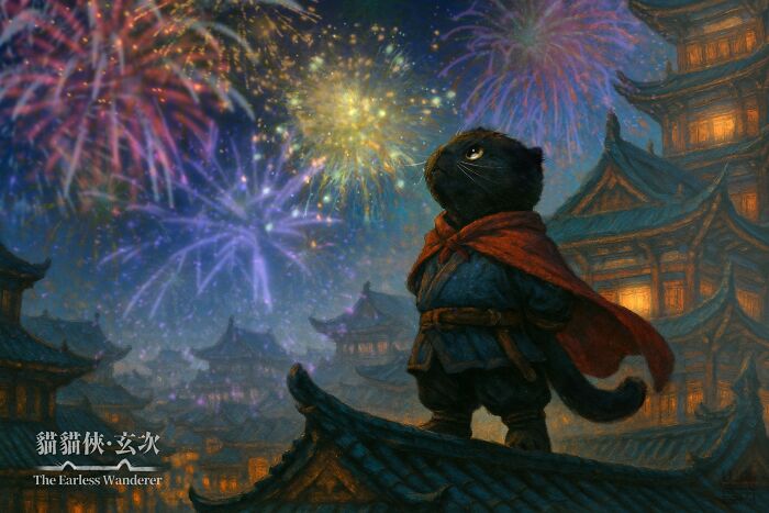 I Illustrated My Tiny-Eared Black Cat As An Adorable Ancient Hero, The Earless Wanderer (12 Pics)