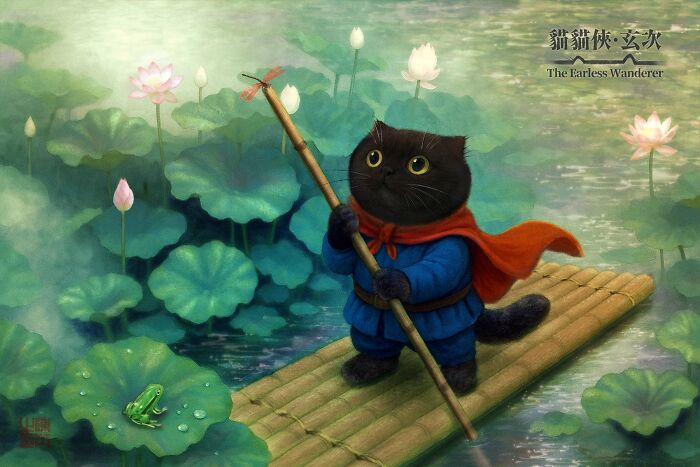 I Illustrated My Tiny-Eared Black Cat As An Adorable Ancient Hero, The Earless Wanderer (12 Pics)
