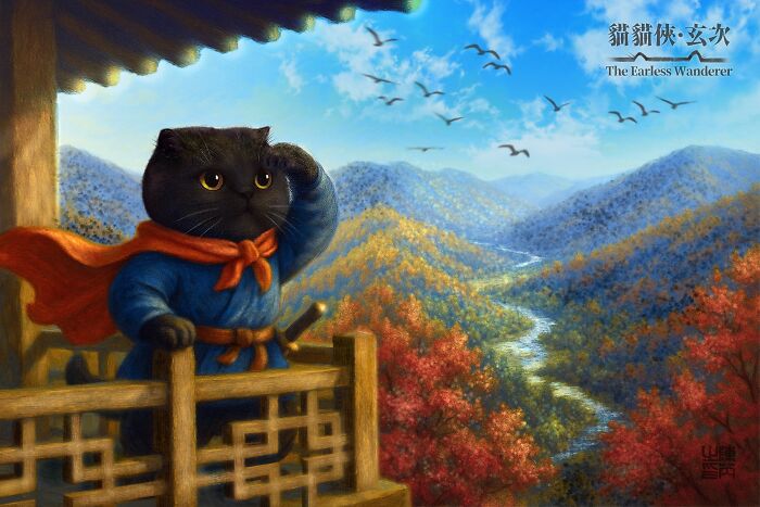I Illustrated My Tiny-Eared Black Cat As An Adorable Ancient Hero, The Earless Wanderer (12 Pics)