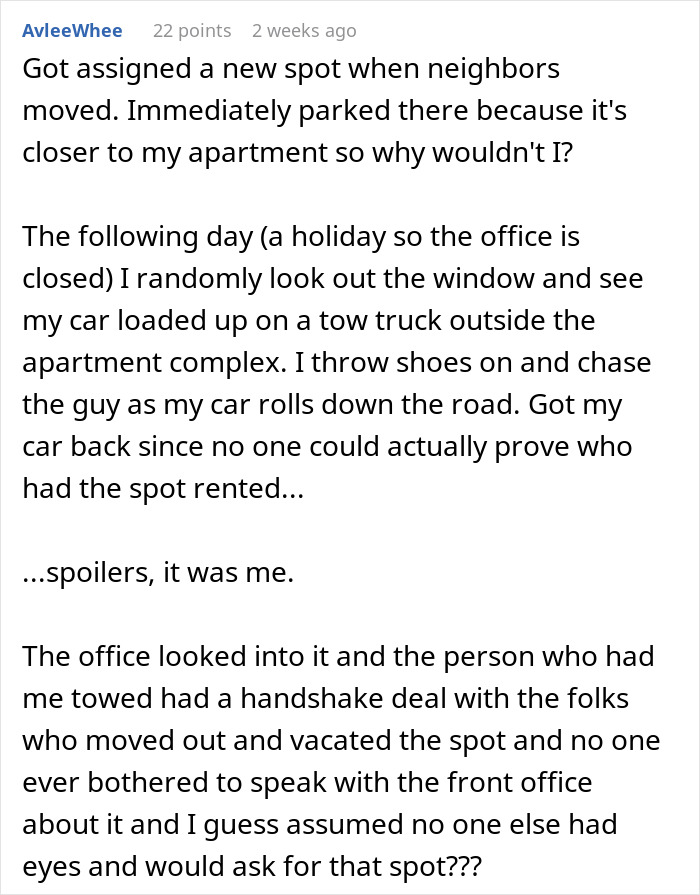 Someone Believes They Can Force New Neighbor To Give Up Her Paid Parking Space, But To No Avail
