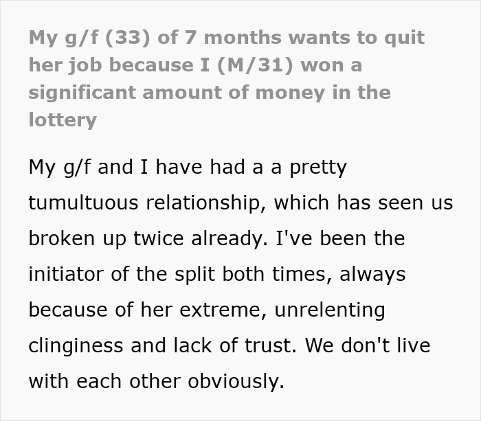 Guy Horrified After Toxic GF Wants To Quit Her Job After He Wins Lottery, Decides To Dump Her