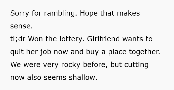 Guy Horrified After Toxic GF Wants To Quit Her Job After He Wins Lottery, Decides To Dump Her