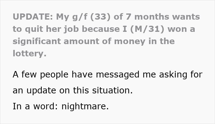 Guy Horrified After Toxic GF Wants To Quit Her Job After He Wins Lottery, Decides To Dump Her