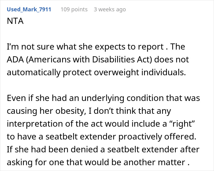 Flight Attendant Wonders If They Were Wrong To Not Offer Overweight Woman A Seatbelt Extender Immediately