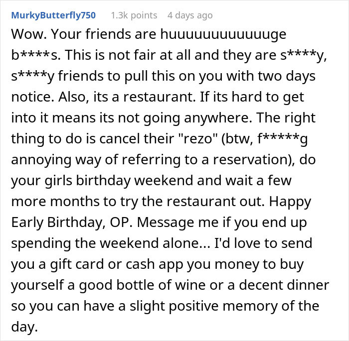 Birthday Girl Shocked When Her Friends Cancel Planned Trip For A Restaurant Reservation