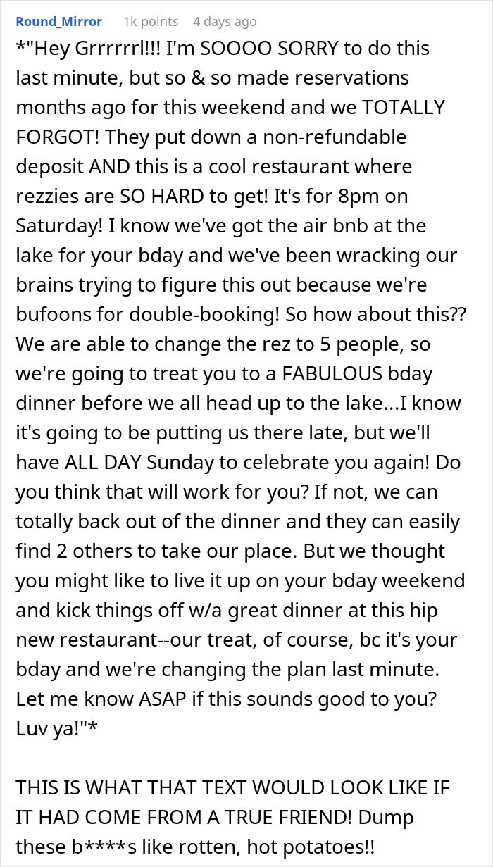 Birthday Girl Shocked When Her Friends Cancel Planned Trip For A Restaurant Reservation