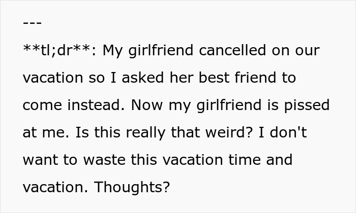 GF Has To Cancel Monthlong Vacation Due To Work, Mortified When BF Invites Her Bestie Instead