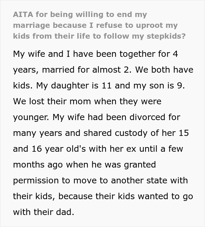 Man Decides To End Marriage After Wife Expects Him To Uproot His Children To Where His Stepkids Live