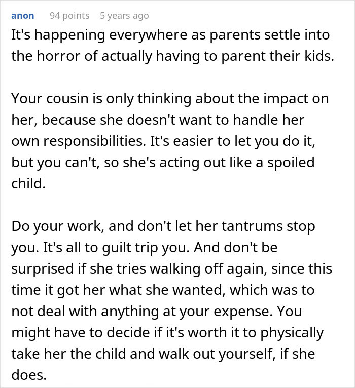 Woman Expects Cousin To Babysit Instead Of Attending School, Goes “Near Mental” When She Says No
