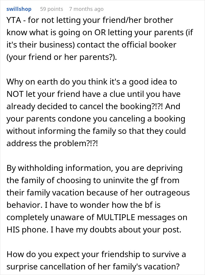 Woman Considers Canceling Friend’s Holiday Booking After Getting Harassed By Her Bro’s GF