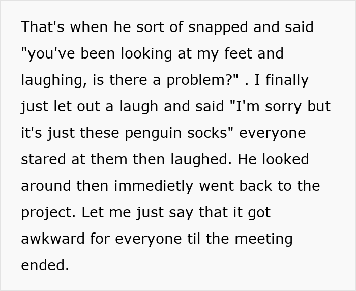 Woman Mocks Colleague’s Penguin Socks, Red-Faced When He Says Late Wife Knitted Them For Him