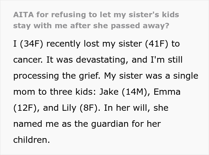 “AITA For Refusing To Let My Sister&#8217;s Kids Stay With Me After She Passed Away?”