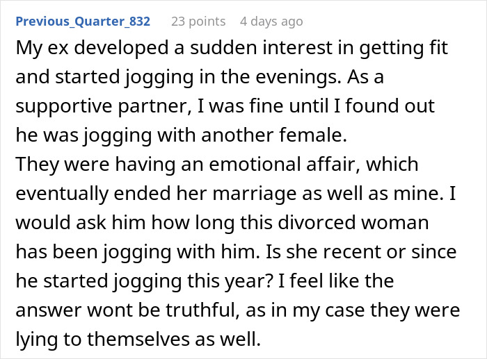 Woman Suspects Husband’s Evening Runs With Divorced Mom Are More Than Just Exercise