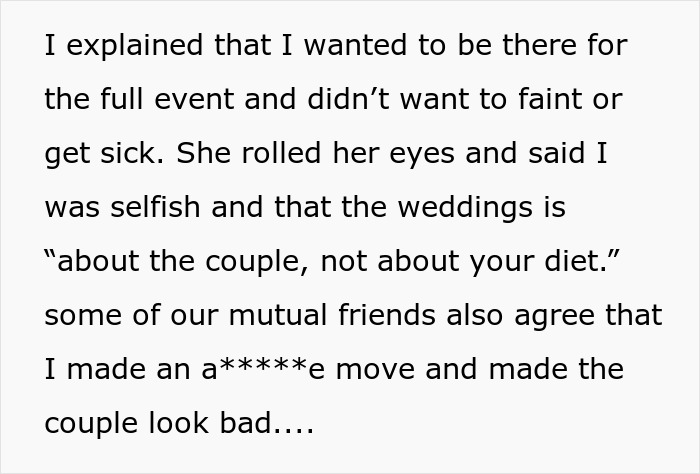 Woman Quietly Leaves A Wedding To Eat The ‘Safe’ Food She Brought, Gets Accused Of “Disrespecting The Caterer”