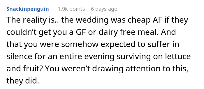 Woman Quietly Leaves A Wedding To Eat The ‘Safe’ Food She Brought, Gets Accused Of “Disrespecting The Caterer”