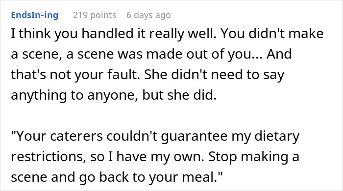Woman Quietly Leaves A Wedding To Eat The ‘Safe’ Food She Brought, Gets Accused Of “Disrespecting The Caterer”