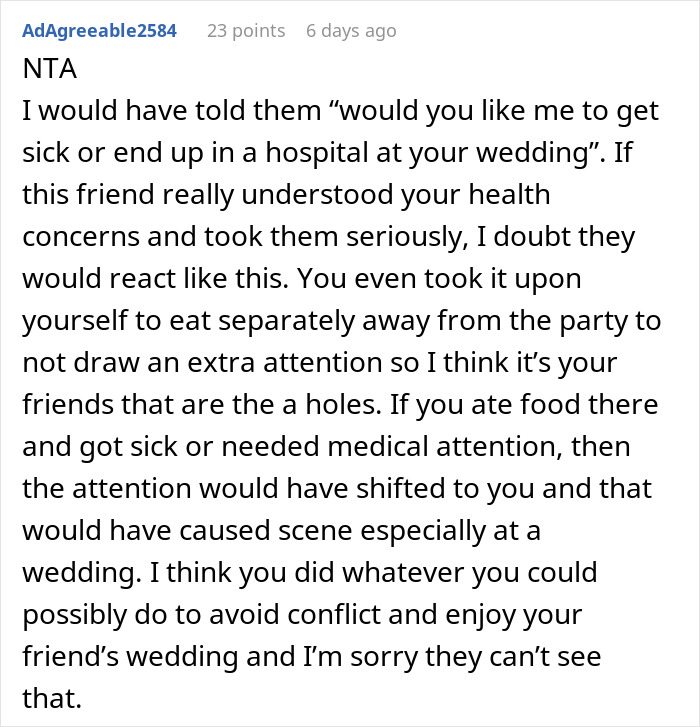Woman Quietly Leaves A Wedding To Eat The ‘Safe’ Food She Brought, Gets Accused Of “Disrespecting The Caterer”