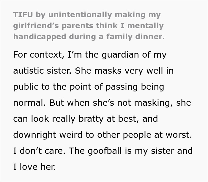 Man Accidentally Tanks Relationship After Joking With Autistic Sister At Dinner With GF’s Parents