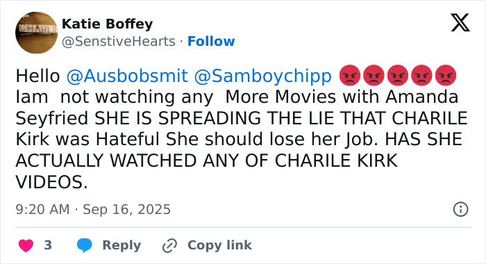 Amanda Seyfried Aggressively Slammed For Calling Charlie Kirk &#8220;Hateful&#8221; After He Lost His Life
