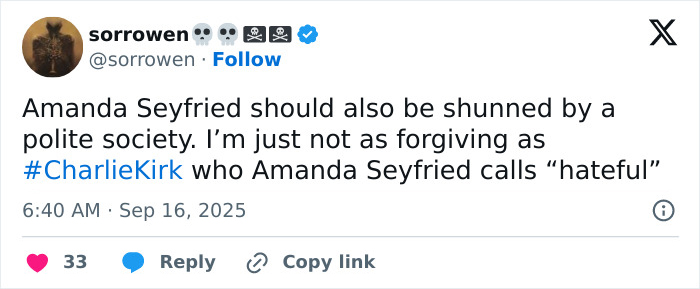 Amanda Seyfried Aggressively Slammed For Calling Charlie Kirk &#8220;Hateful&#8221; After He Lost His Life