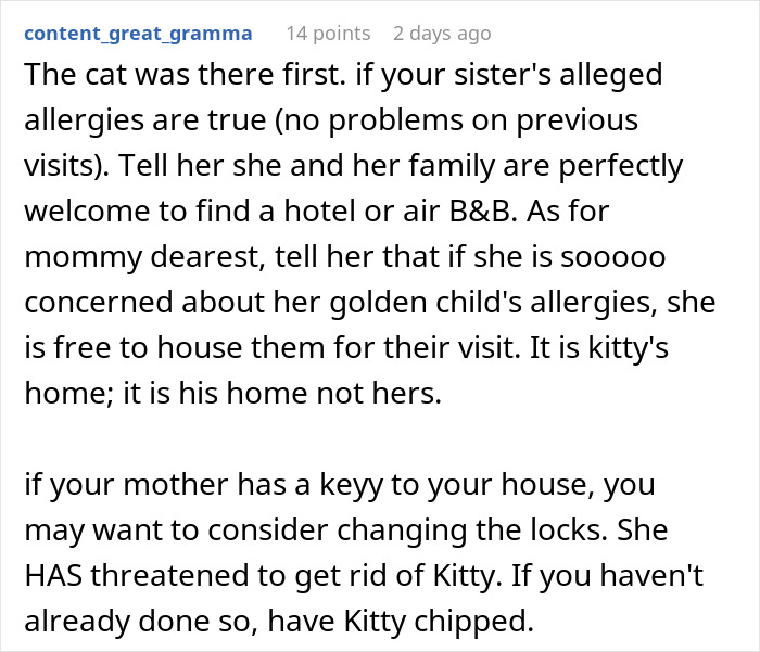 Pregnant Sis Demands Cat Be Removed During Visit, Older Sis Refuses, Parents Secretly Intervene