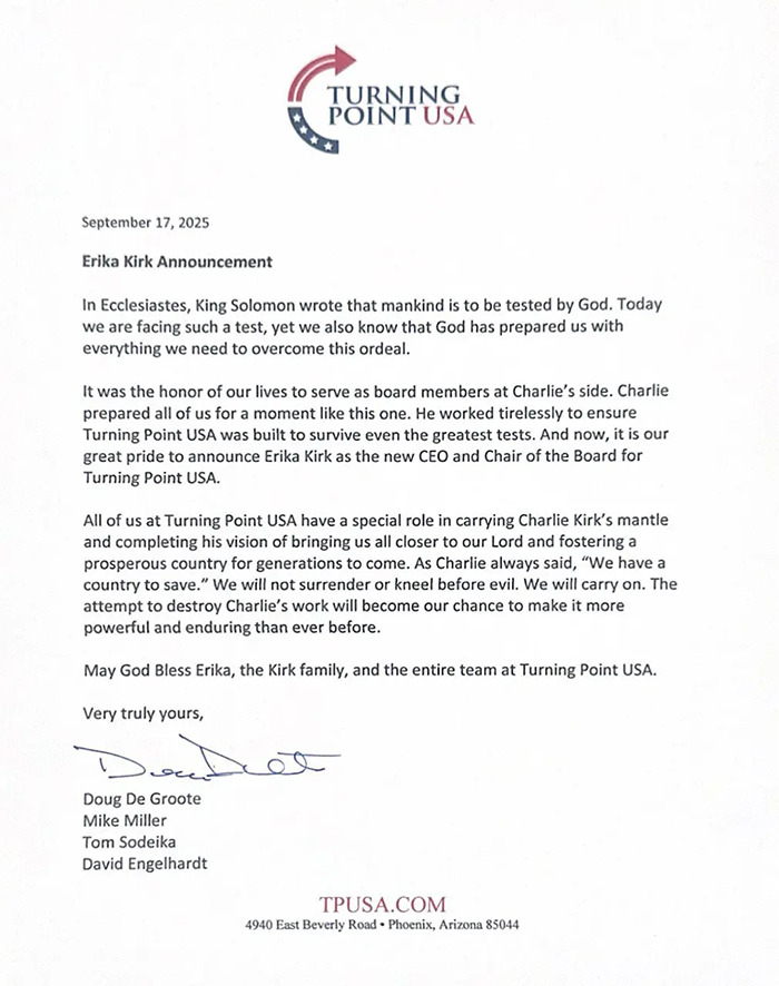 Erika Kirk Appointed CEO Of Turning Point USA Following Husband’s Passing