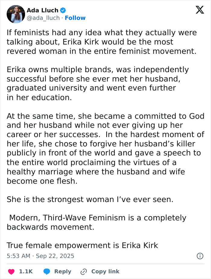 &#8220;That Speech Shook The World&#8221;: Erika Kirk Accused Of Ending Feminism During Husband&#8217;s Funeral