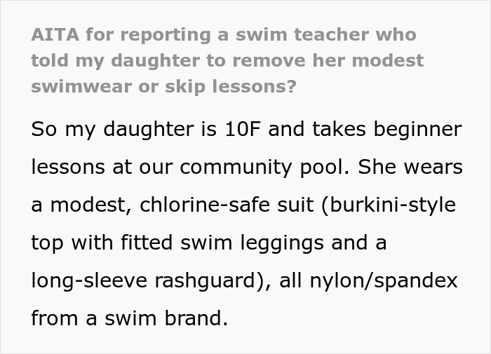 Swim Teacher Excludes 10YO From Lesson Over Modest Swimsuit, Parent Wastes No Time Reporting Him