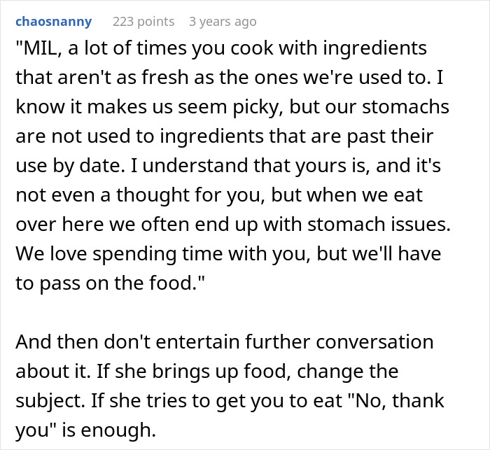 “I Won”: Woman Finds A Way To Be Permanently Uninvited From MIL’s Dinners With Spoiled Food