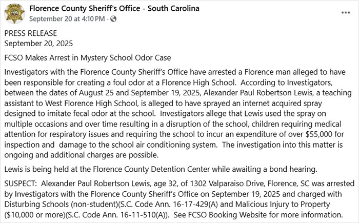 Teacher Arrested For Using &#8220;Poop&#8221; Spray Around School, Causing $50K In Repairs And Sickness