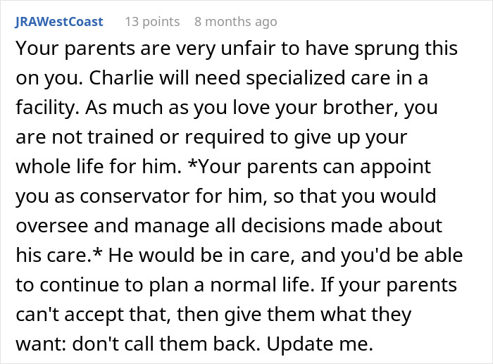 Son Refuses To Take Over Brother’s Care, Gets Disowned By His Parents