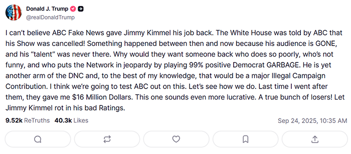 Jimmy Kimmel Fires Back At Trump Over ABC Lawsuit Threat After Record-Breaking Comeback