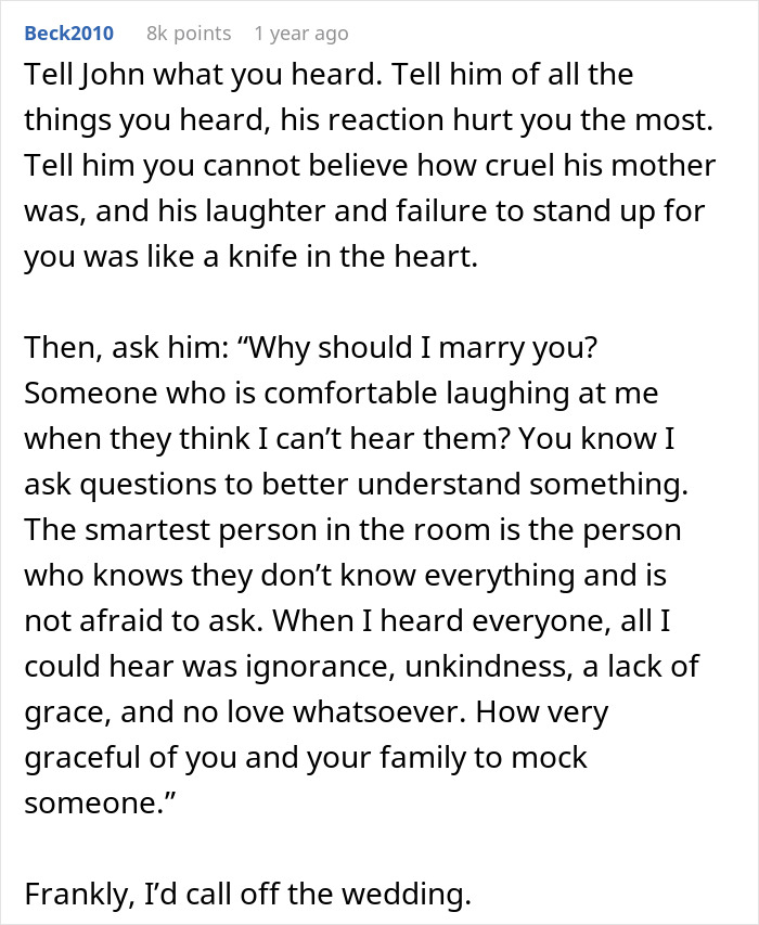 Woman Overhears Future MIL Calling Her Stupid And Fiancé Laughing Along, Runs Away Horrified