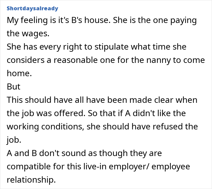 Mom Thinks It’s Inappropriate For Live-In Nanny To Return At 10PM On Her Nights Off, Imposes A Curfew