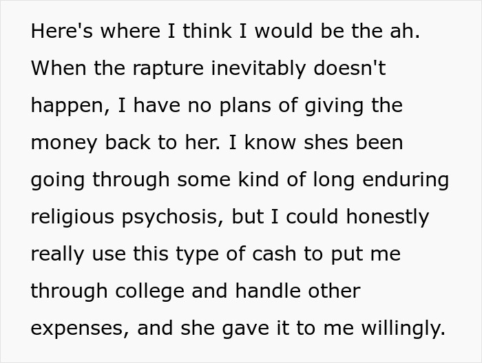 19YO Refuses To Return The $40K Her Devout Christian Aunt Gave Her As She Thought Rapture Was Coming