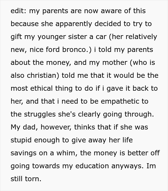 19YO Refuses To Return The $40K Her Devout Christian Aunt Gave Her As She Thought Rapture Was Coming