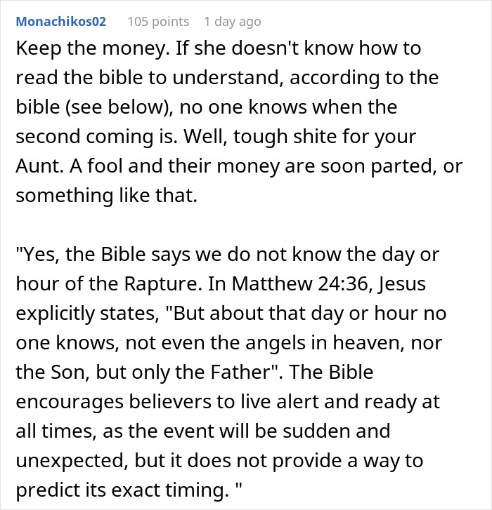 19YO Refuses To Return The $40K Her Devout Christian Aunt Gave Her As She Thought Rapture Was Coming
