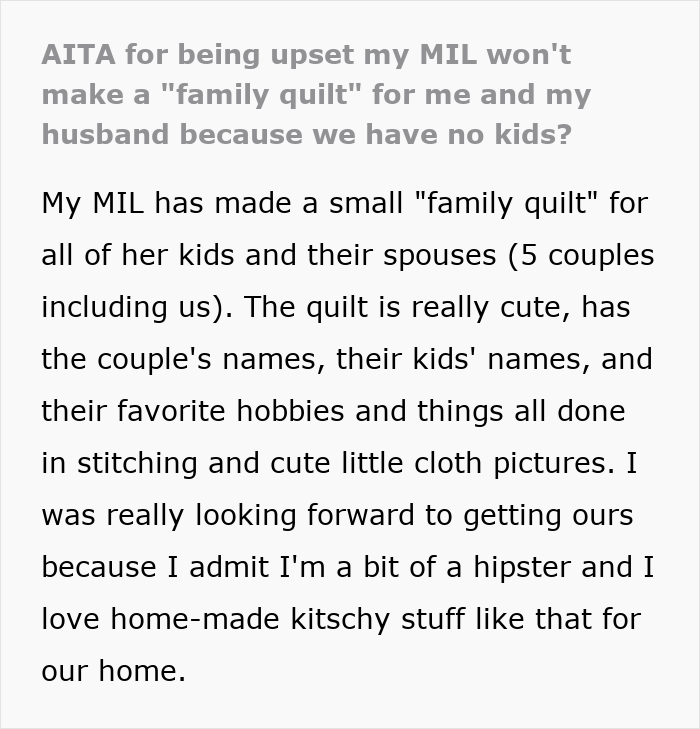 “I’m Not Making A Quilt For A Couple Of Dogs”: MIL Refuses To Include Childfree Couple In Family Tradition