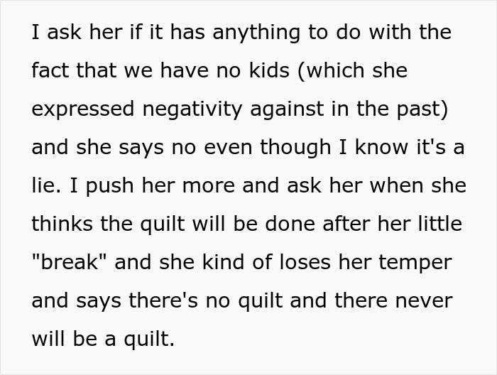 “I’m Not Making A Quilt For A Couple Of Dogs”: MIL Refuses To Include Childfree Couple In Family Tradition