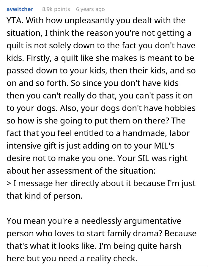“I’m Not Making A Quilt For A Couple Of Dogs”: MIL Refuses To Include Childfree Couple In Family Tradition