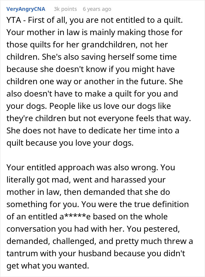 “I’m Not Making A Quilt For A Couple Of Dogs”: MIL Refuses To Include Childfree Couple In Family Tradition