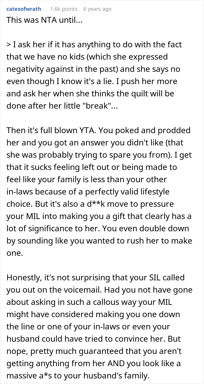 “I’m Not Making A Quilt For A Couple Of Dogs”: MIL Refuses To Include Childfree Couple In Family Tradition