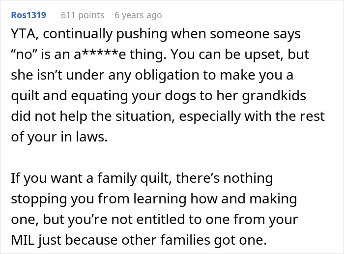 “I’m Not Making A Quilt For A Couple Of Dogs”: MIL Refuses To Include Childfree Couple In Family Tradition