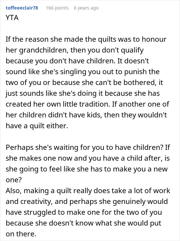“I’m Not Making A Quilt For A Couple Of Dogs”: MIL Refuses To Include Childfree Couple In Family Tradition